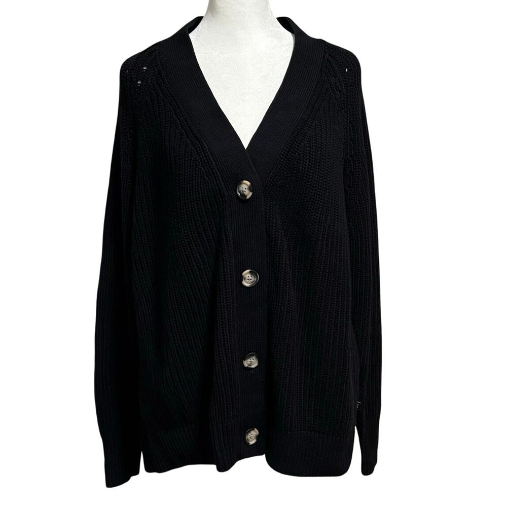 Gap Size M Cardigan Sweater 100% Cotton Chunky Ribbed Knit Black Button Front